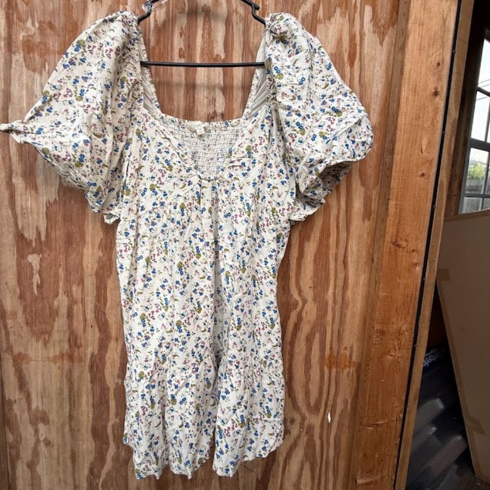 Puff Sleeve White Floral Mini Dress (Size M)